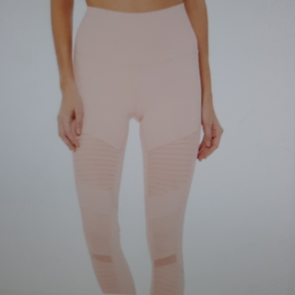 Alo Yoga High Waist Moto Leggings Pink Lavender Ribbed Mesh Panel Pants XS